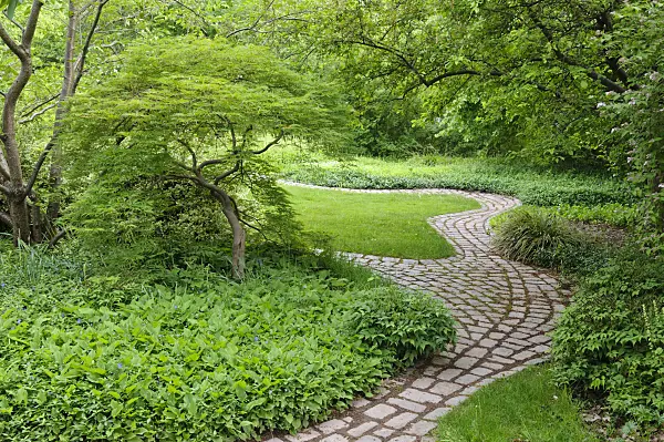 472235 - Well-kept garden with curved cobblestone paved paths