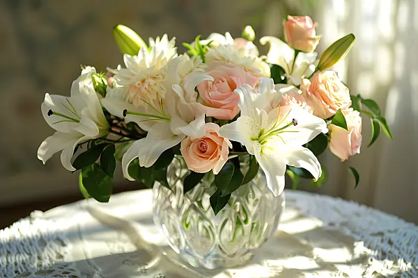 667043 - White lilies and pink roses in a crystal vase
