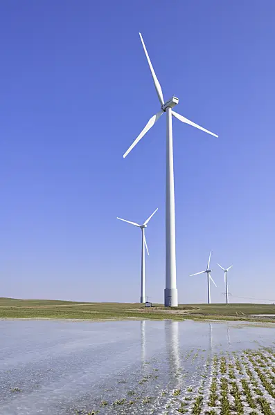 578004 - Wind turbines on a field with winter cereals covered by ice