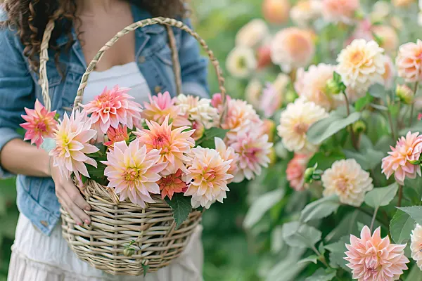 667025 - Woman holding basket with dahlias