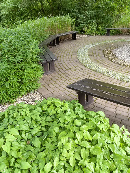 463047 - Wooden benches on a rondell made of red bricks and paving stones in a shady garden