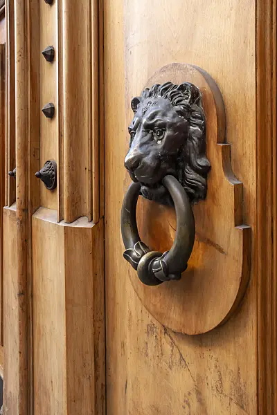453165 - Wooden door with ironclad lion head, Geneva, Switzerland